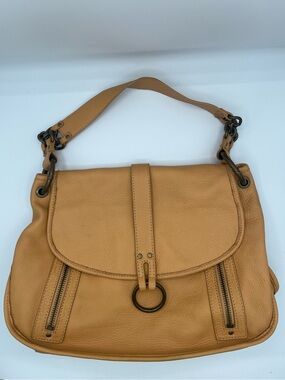 Danier Leather Soft Pebbled Tan Leather Hobo Shoulder Bag With Bronze Hardware